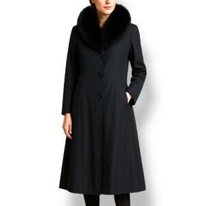 St John Black Long Coat Removable Real Fox Fur Collar Luxe Winter Elegance 12